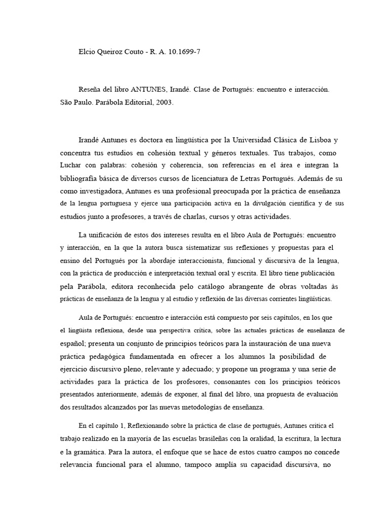 (Reseña) Clase de Portugués - Irandé Antunes | PDF | Enseñando ...