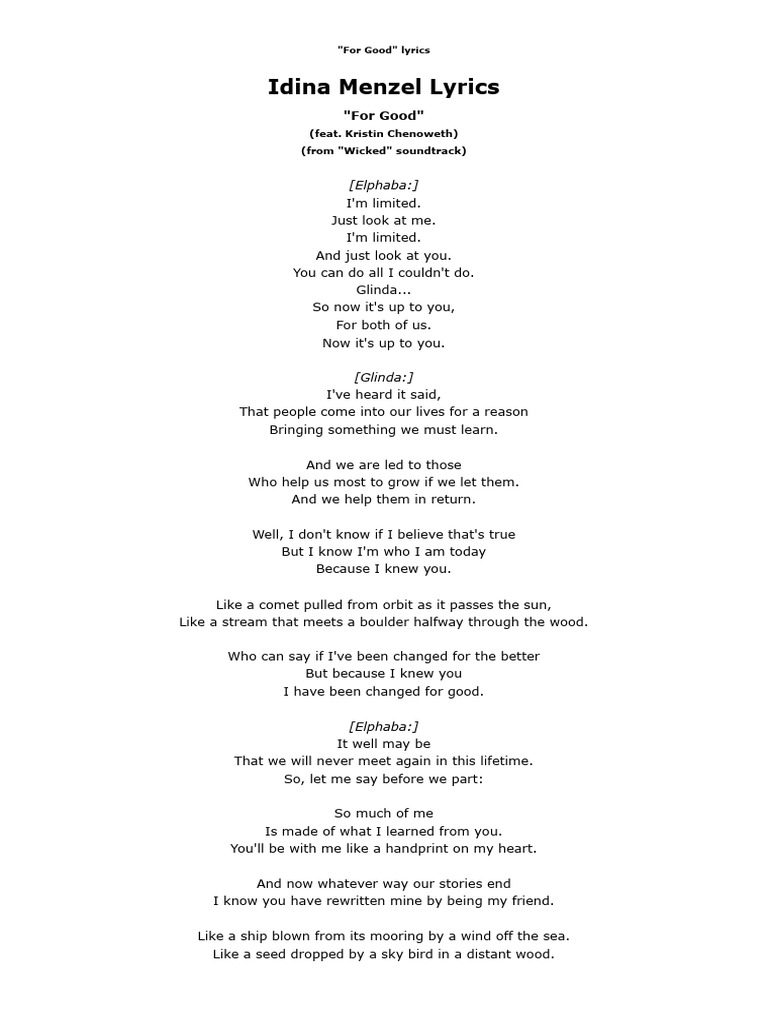 For Good Lyrics by Idina Menzel | PDF