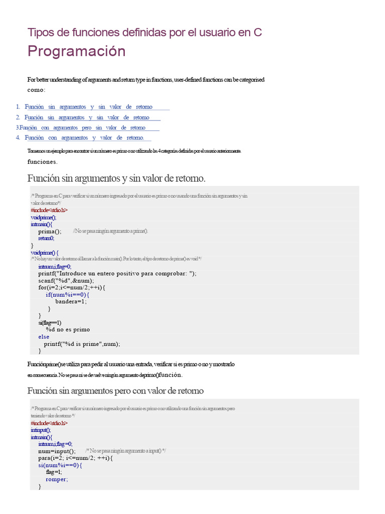 Funciones de usuario en C: Tipos y ejemplos | PDF | Programación de ...