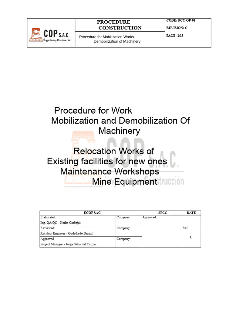 Procedure For Mobilization and Works of | PDF | Occupational Safety And ...