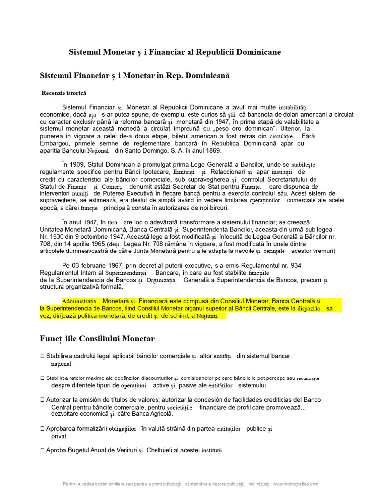 Sistemul Monetar Financiar Al Republicii Dominicane | PDF