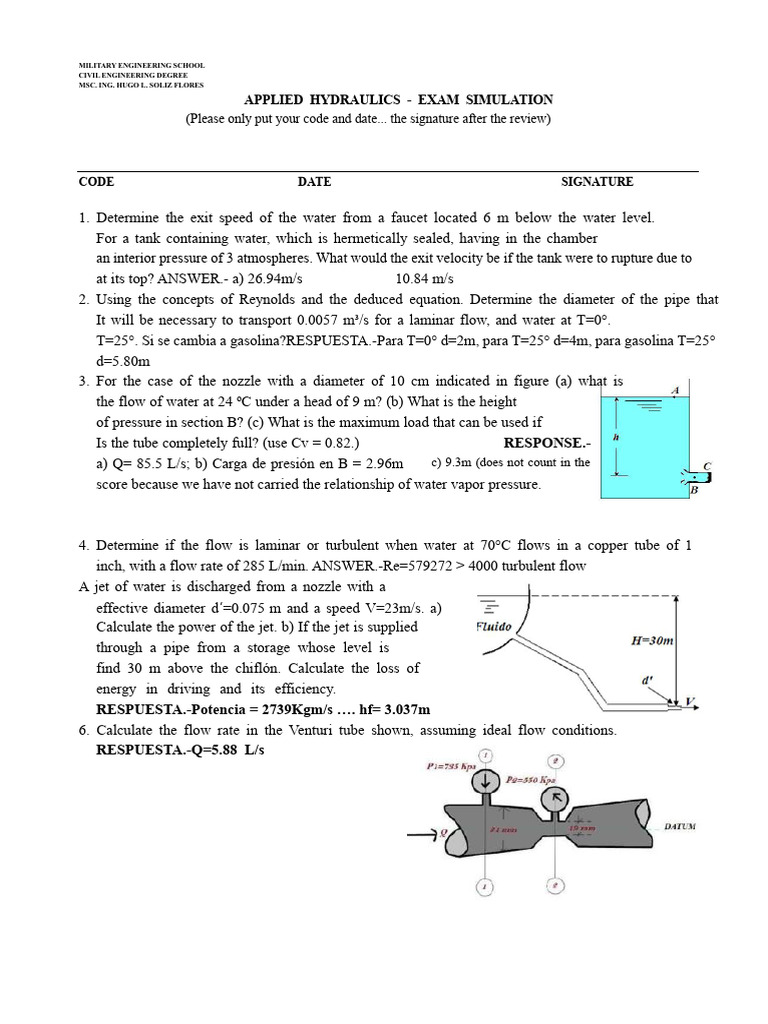 Applied Hydraulics Exam Simulation | PDF | Fluid Dynamics | Flow ...