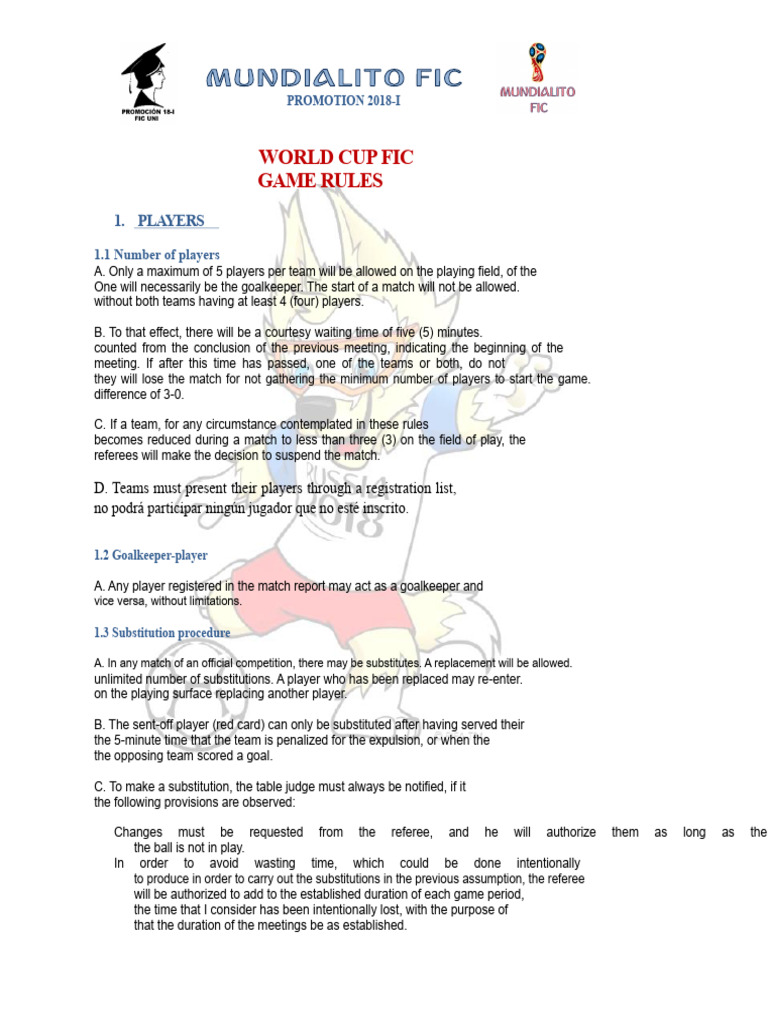 2018 World Cup FIC Game Rules | PDF | Sports Rules And Regulations ...