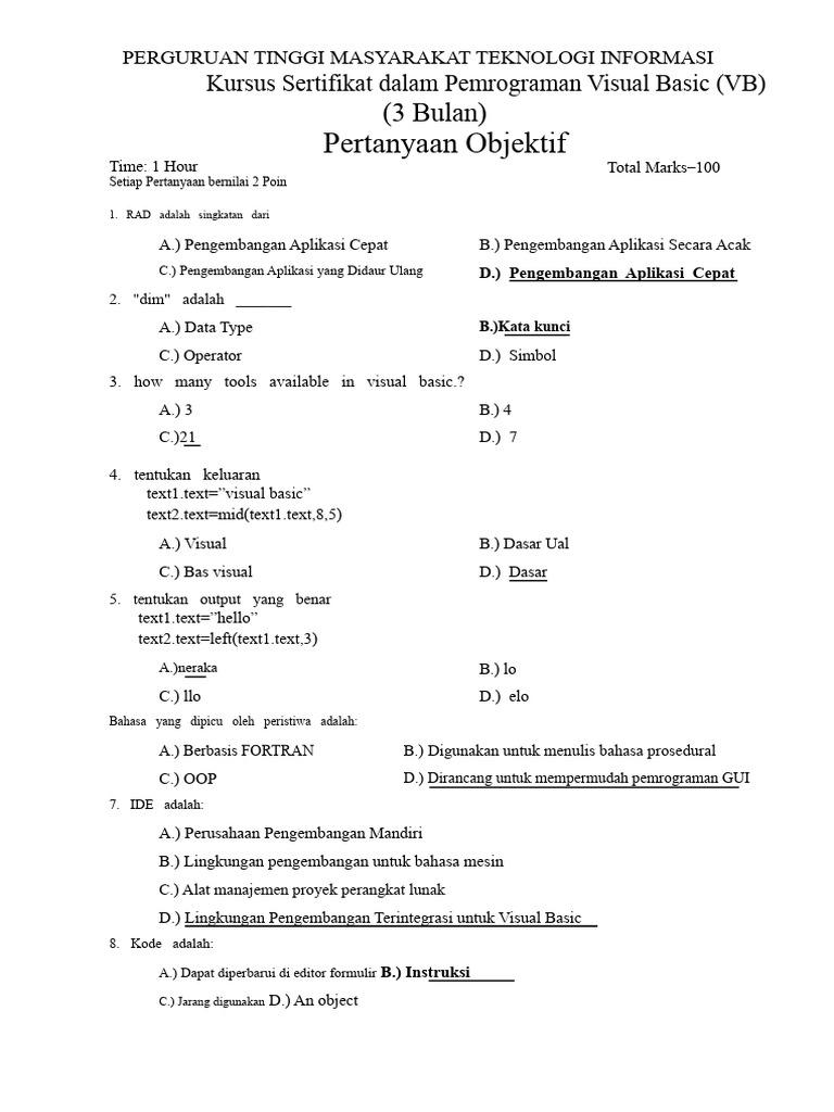 Kertas Pertanyaan Pemrograman Visual Basic Untuk Institut | PDF