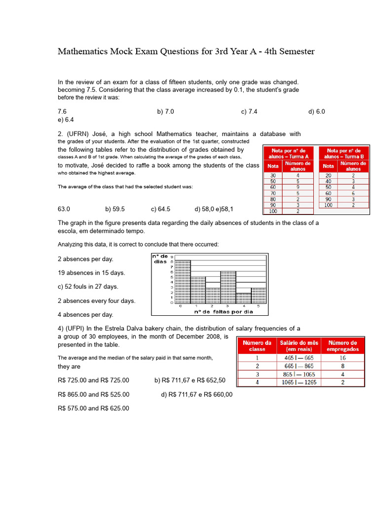 Mathematics Mock Test Questions For 3rd Grade A | PDF | Average
