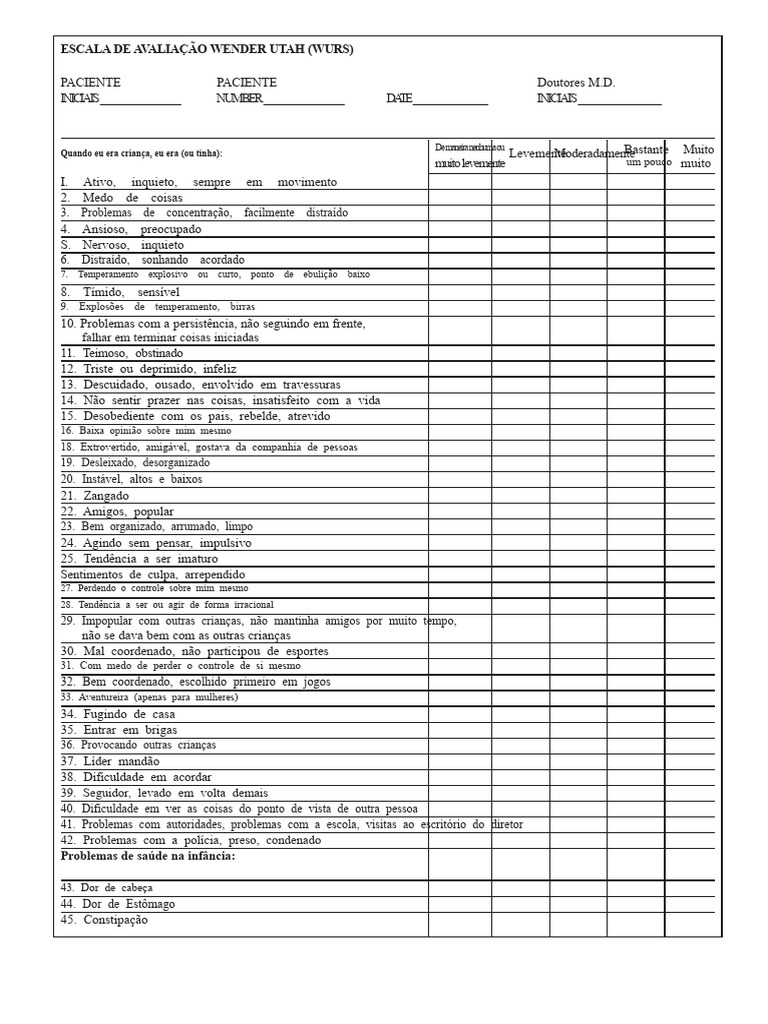 Avaliação Wender Utah (WURS) para Pacientes | PDF | Transtorno de ...