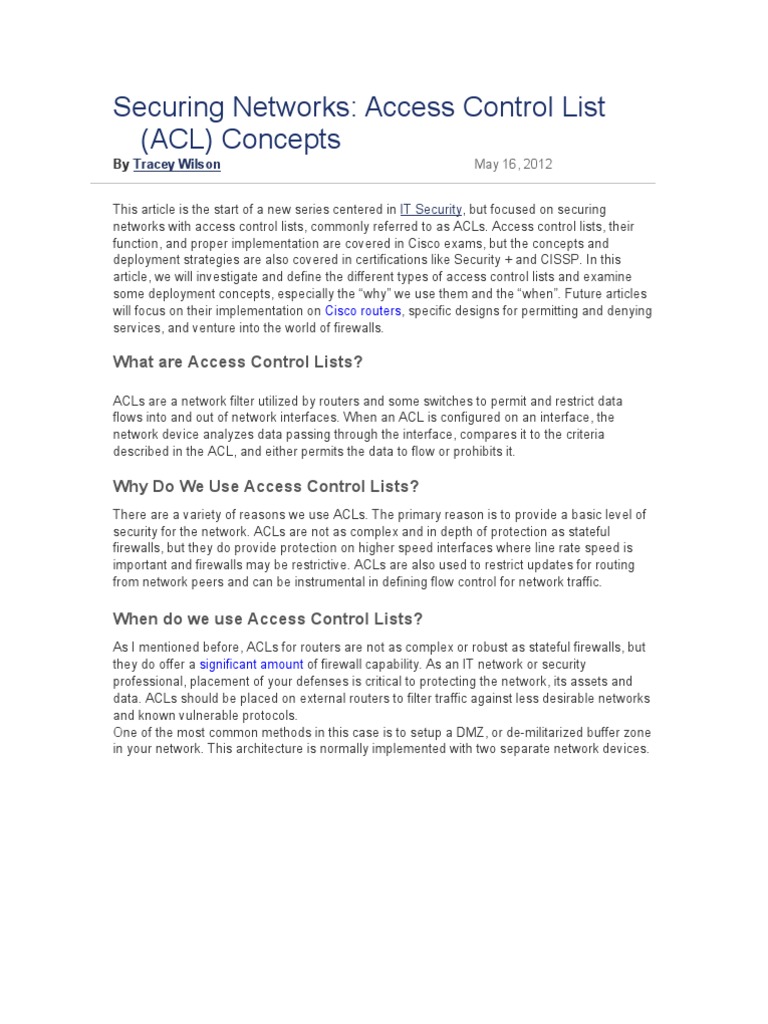 Securing Networks: Access Control List (ACL) Concepts | PDF | Computer ...