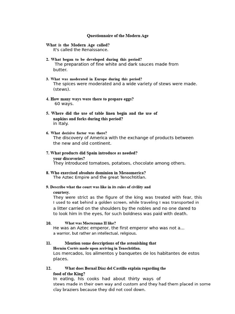Modern Age Questionnaire | PDF | Spanish Cuisine | French Cuisine