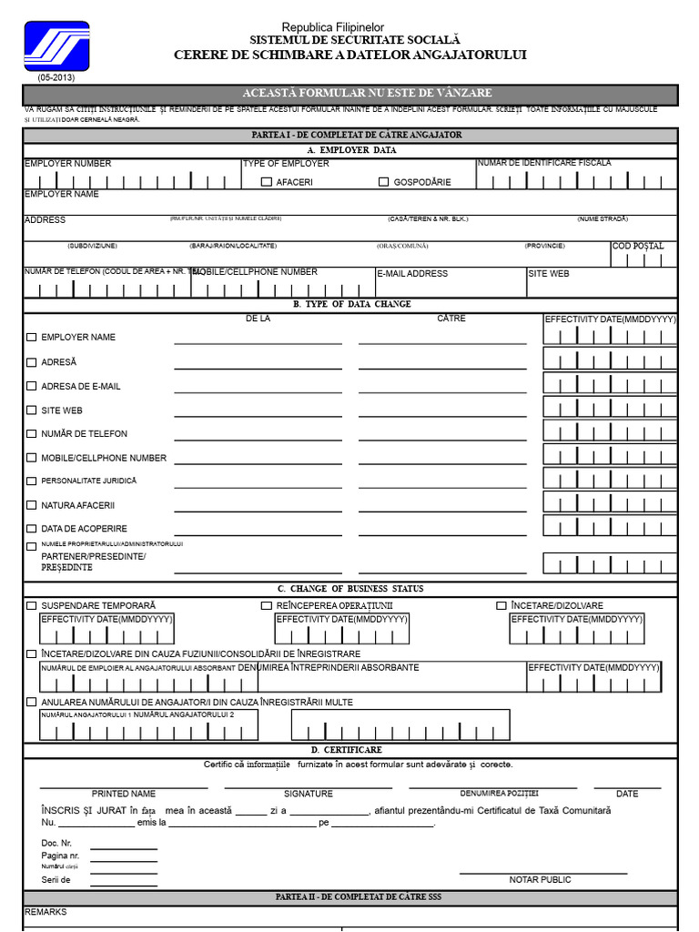 Formular de Cerere de Schimbare A Datelor Angajator SSS R-8 | PDF