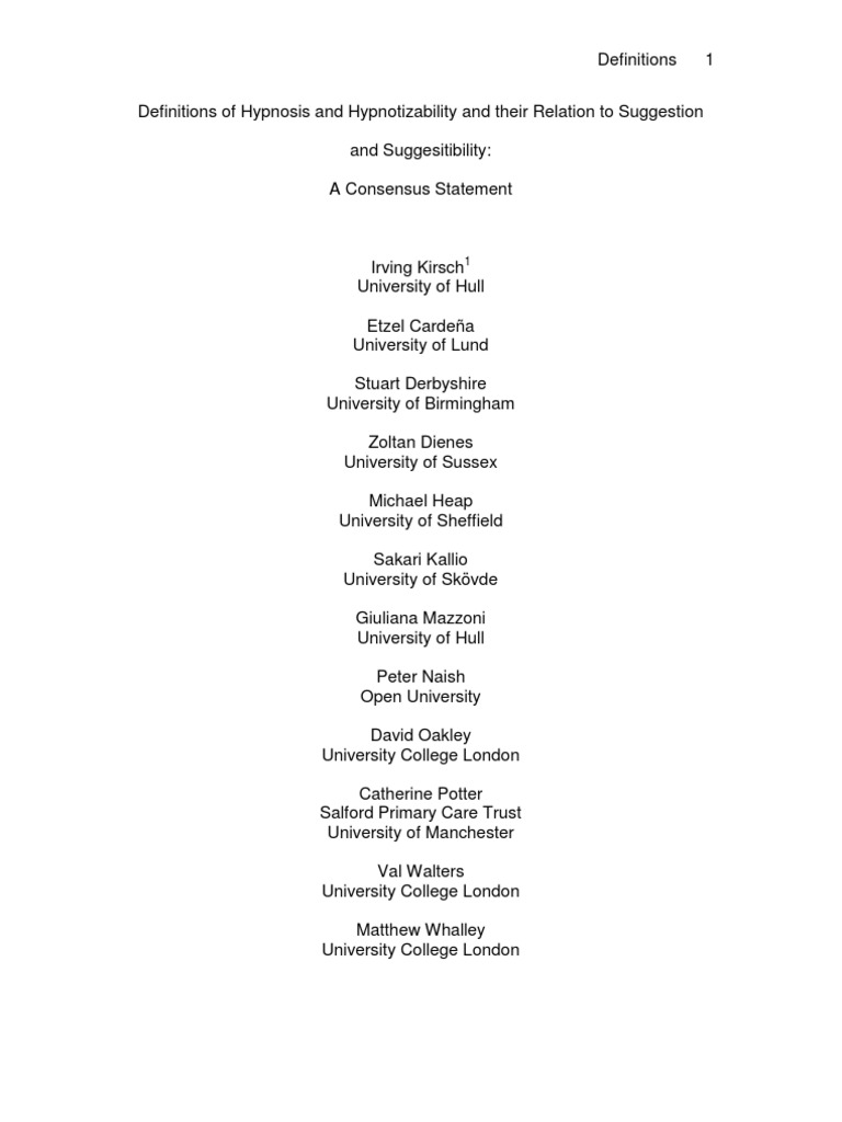 Hypnosis & Suggestion Consensus | PDF | Hypnosis | Clinical Psychology