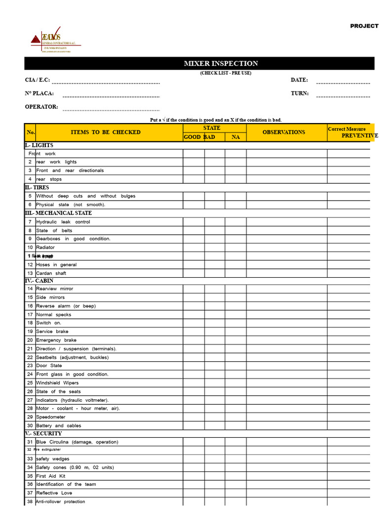 Mixer Inspection Pre-Use Checklist | PDF | Vehicles | Vehicle Technology