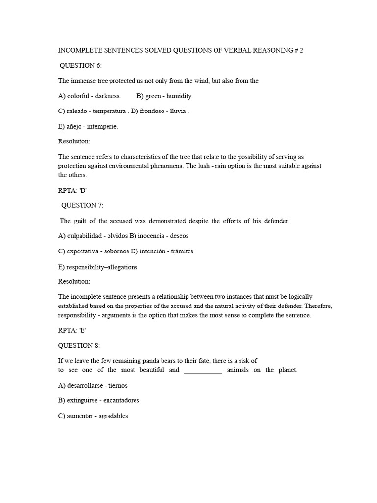 Verbal Reasoning: Incomplete Sentences Solutions | PDF