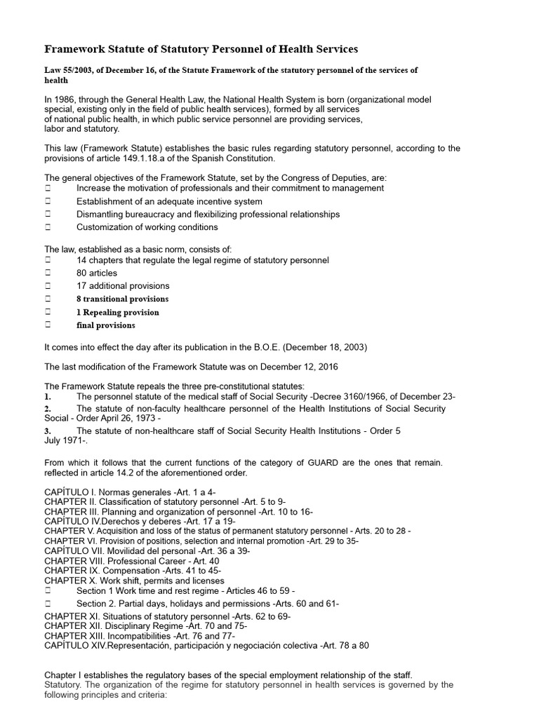 Summary of the Framework Statute for Statutory Staff of Health Services ...
