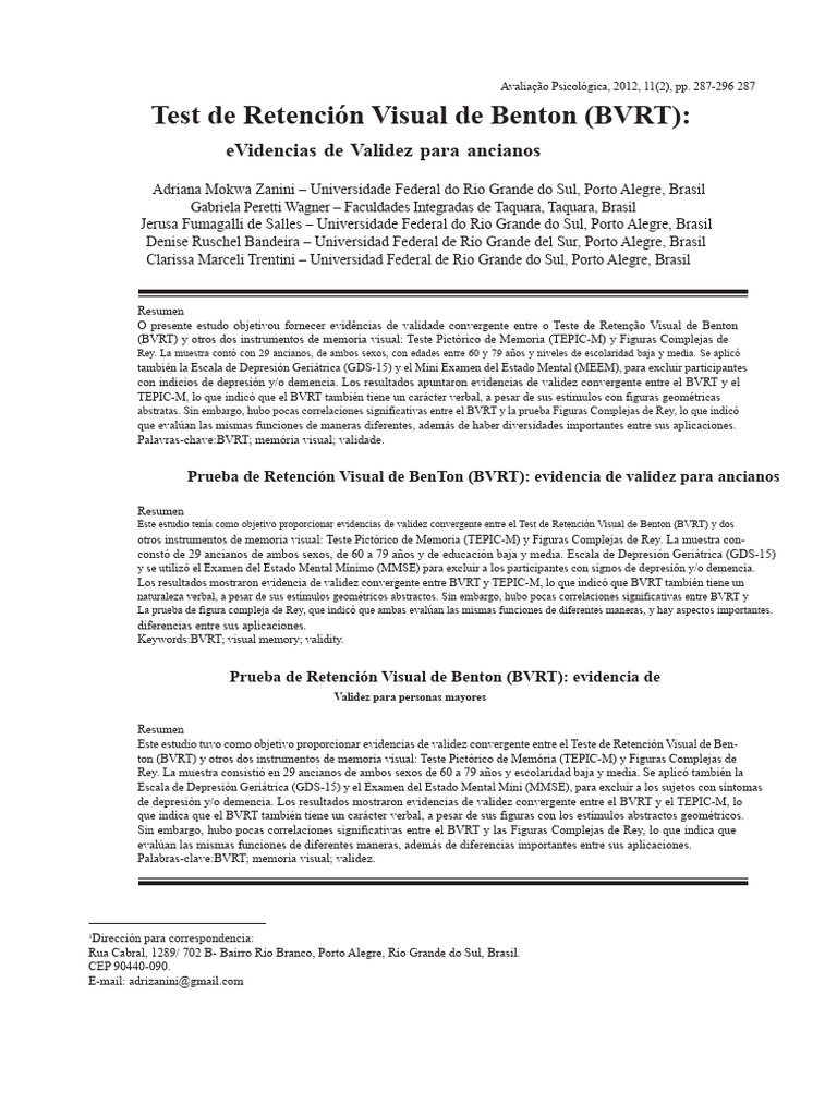 Prueba de Retención Visual de Benton (BVRT) Evidencias PDF | PDF ...