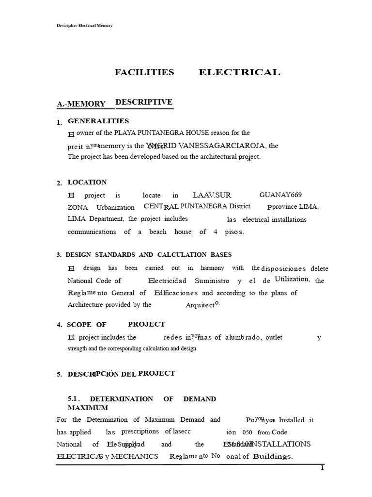 Descriptive Report On Electrical Installations For Beach House Pdf
