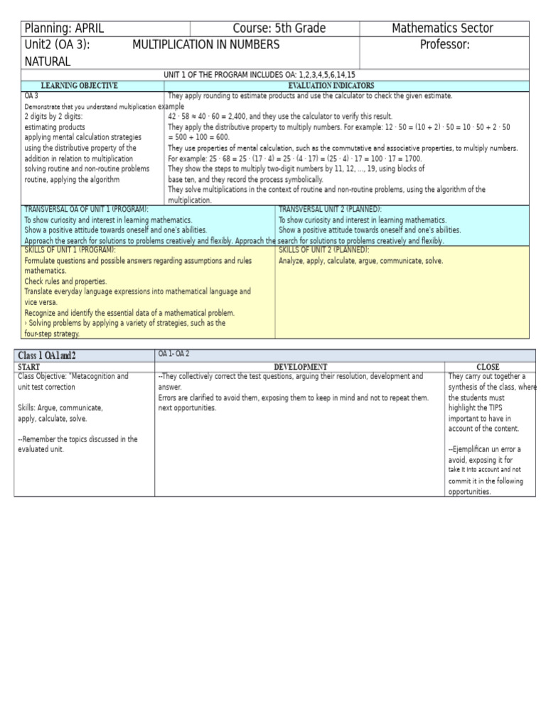 Planning 5th Grade 2 April Mathematics OA 3 Multiplication | PDF ...