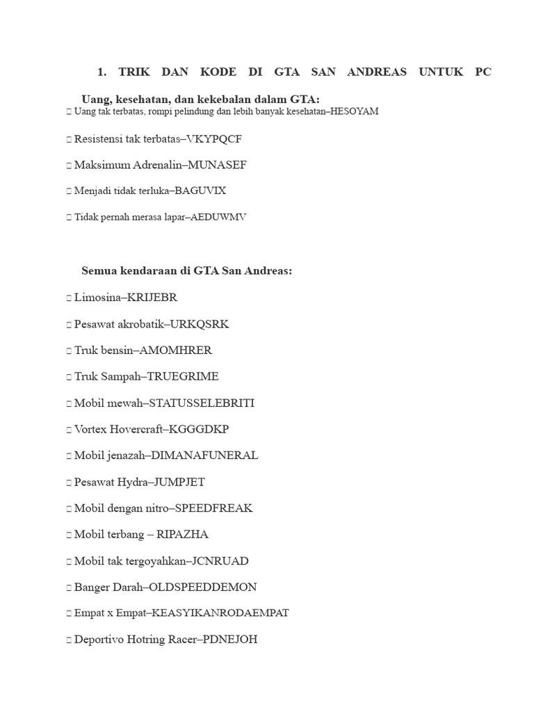 Trik Dan Kode Di Gta San Andreas Untuk PC PDF 1