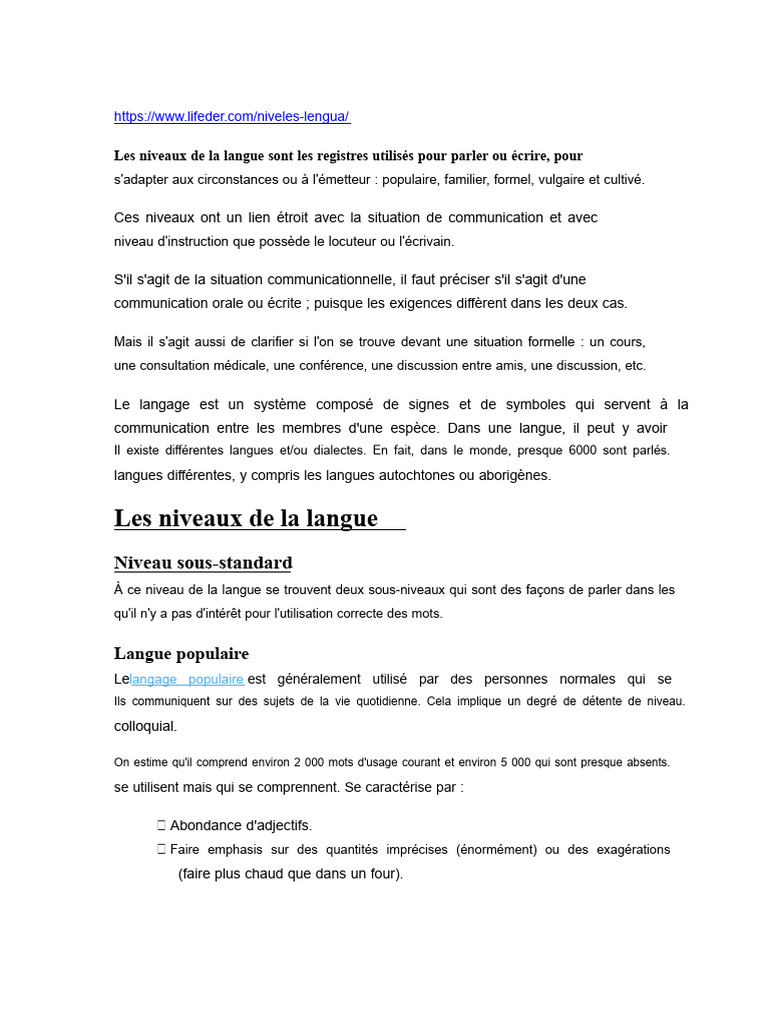 Les niveaux de la langue expliqués | PDF | Lexique | Linguistique