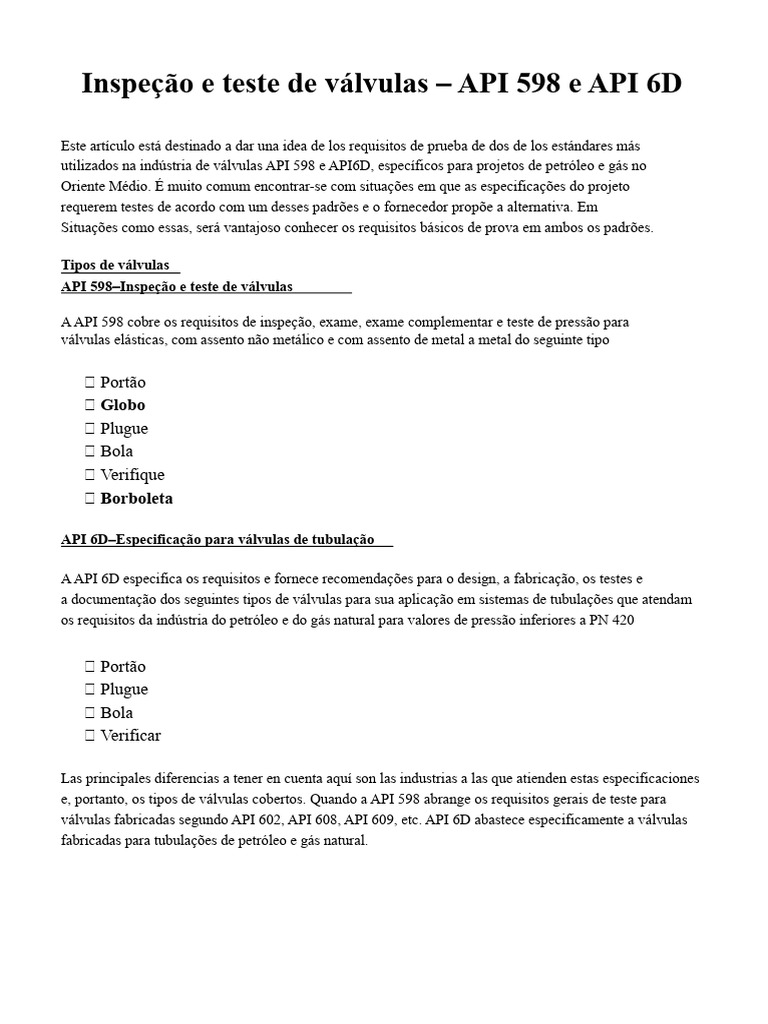 Inspeção de Válvulas: API 598 e 6D | PDF