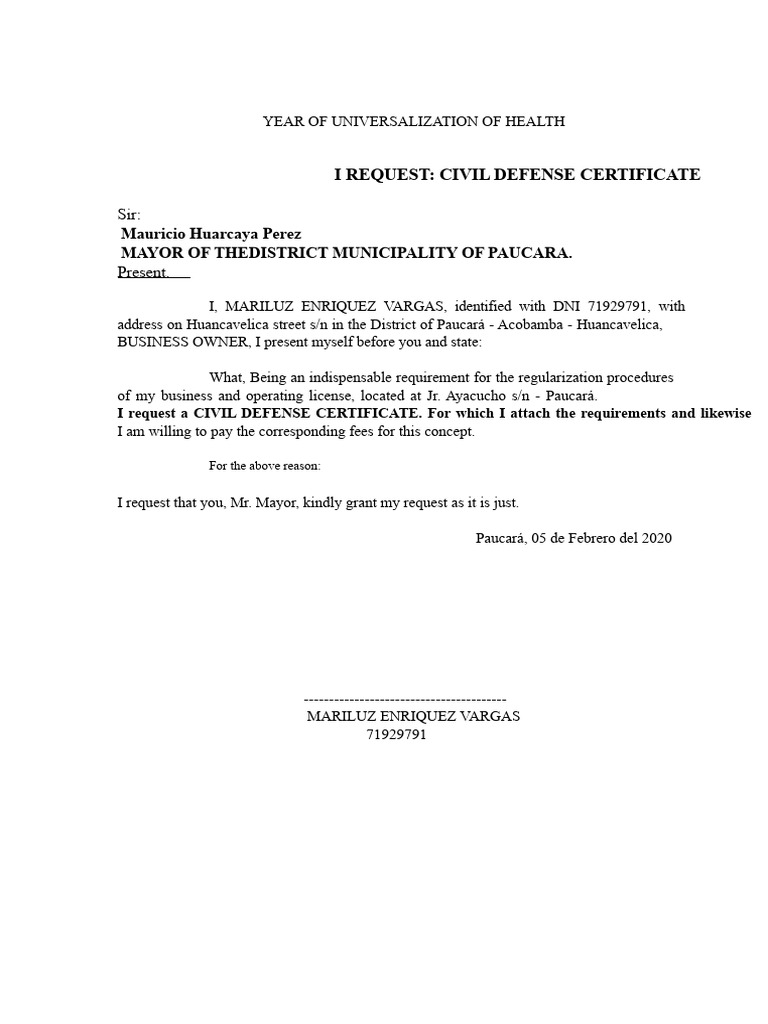 Request for Civil Defense Certificate | PDF