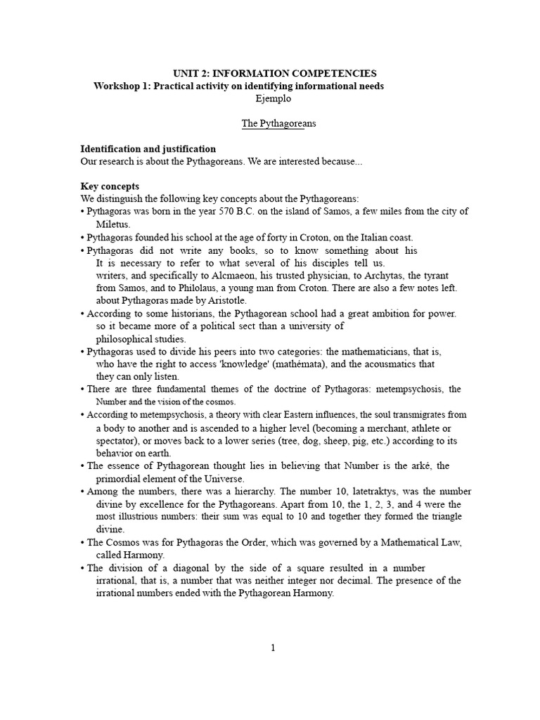 Unit 2 - Workshop 1 - Example - The Pythagoreans PDF | PDF | Pythagoras ...