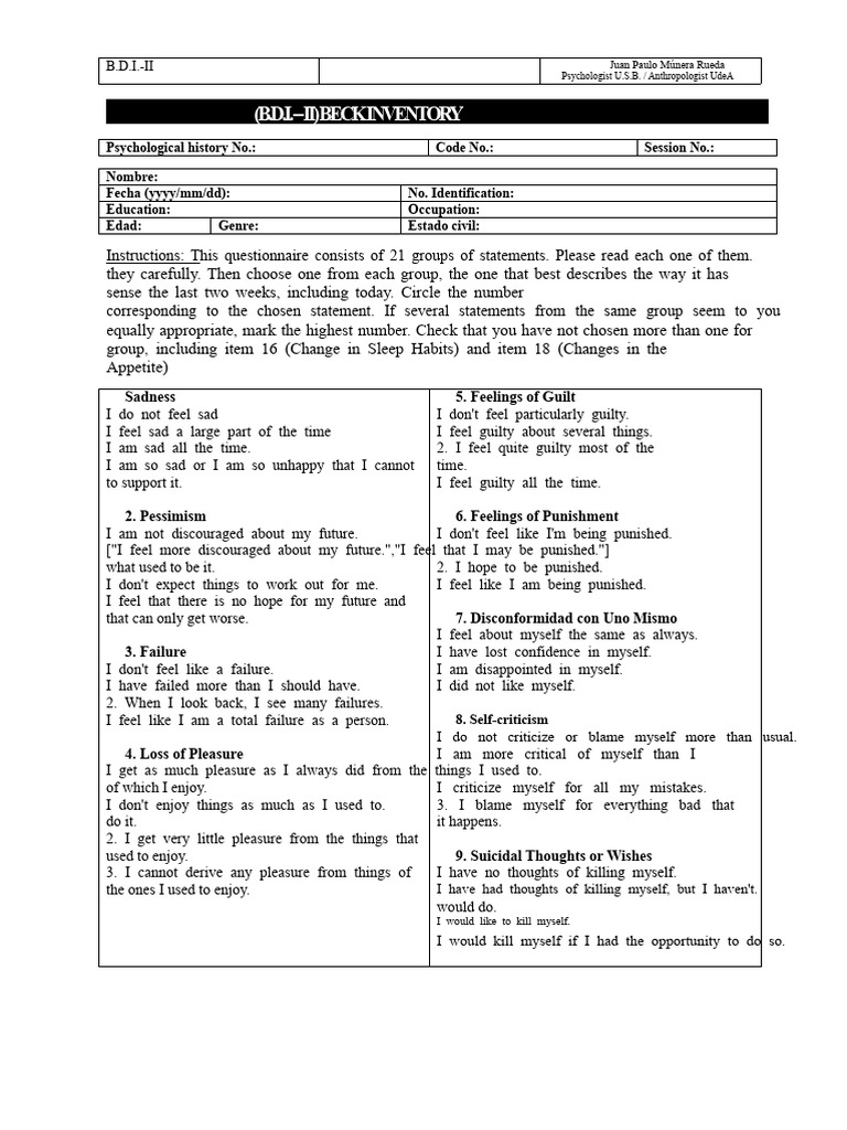 BDI-II Beck Depression Inventory | PDF | Emotions | Mental Health