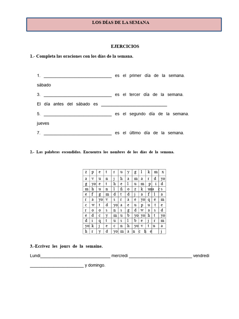 Ejercicios sobre los días de la semana | PDF