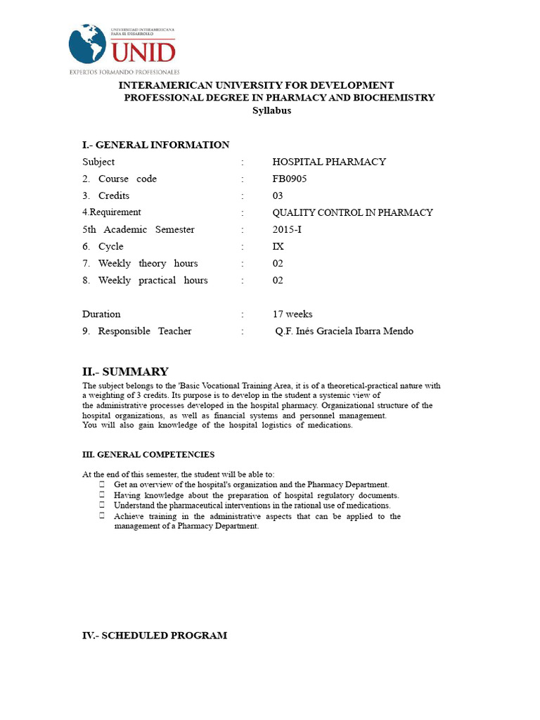 Hospital Pharmacy Course Syllabus | PDF | Pharmacy | Drugs