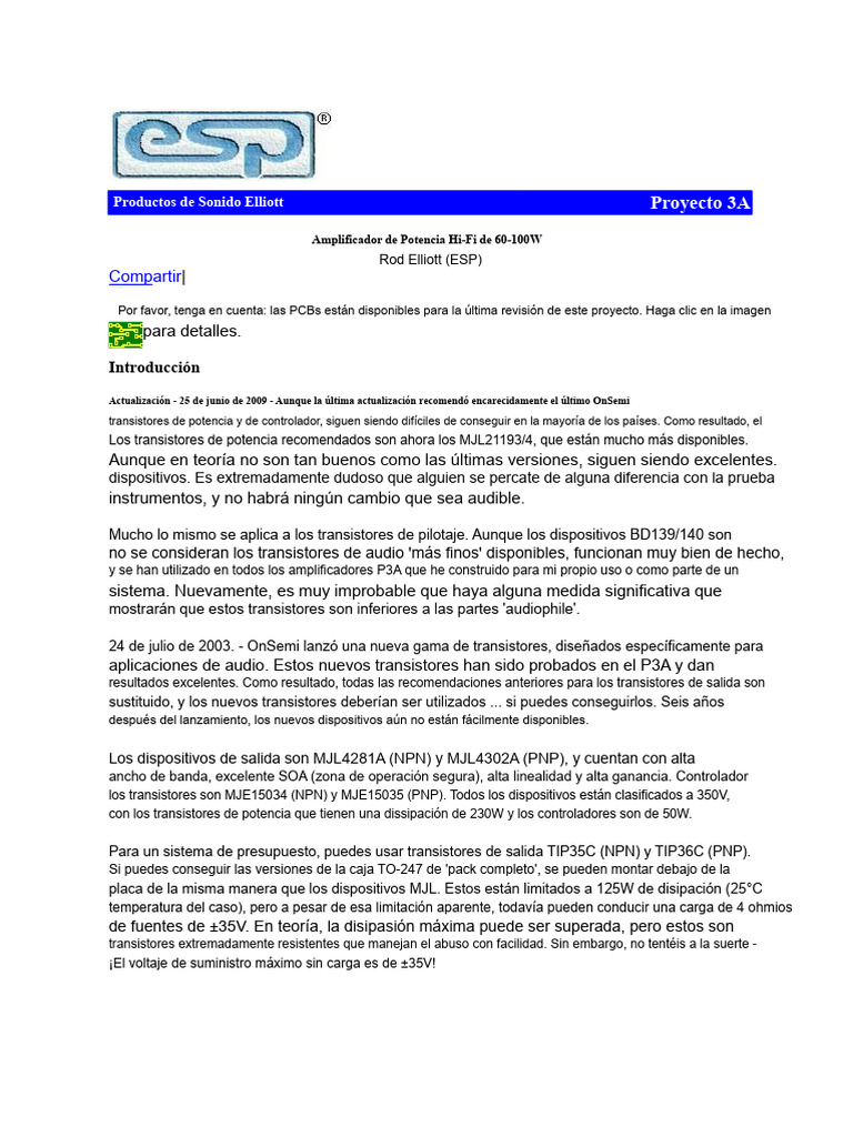 Amplificador Hi-Fi P3A: Diseño y Especificaciones | PDF | Amplificador ...