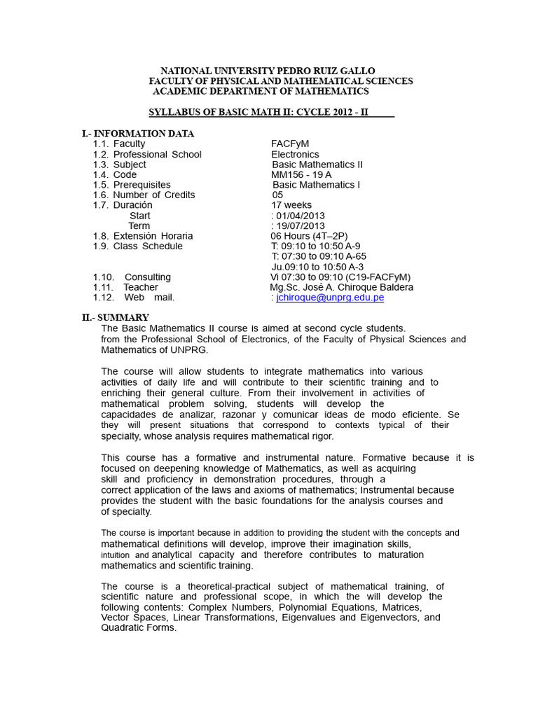 Basic Mathematics II Syllabus 2012 | PDF | Matrix (Mathematics ...
