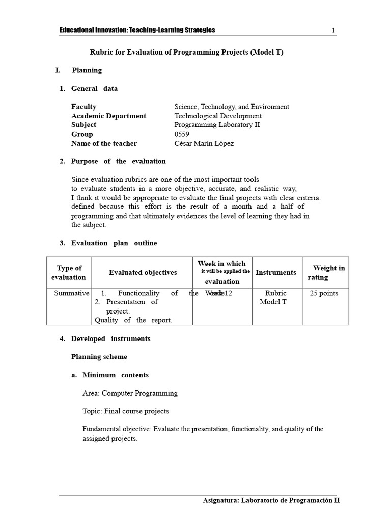 Rubric for Programming Projects Evaluation (Model T) _ Science ...