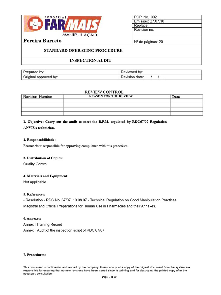 SOP for Pharmacy Inspection Audit | PDF | Calibration | Audit