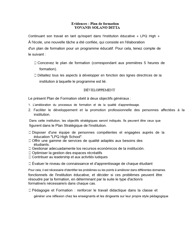 Plan de formation pour LPQ High School | PDF | Pédagogie | Apprentissage