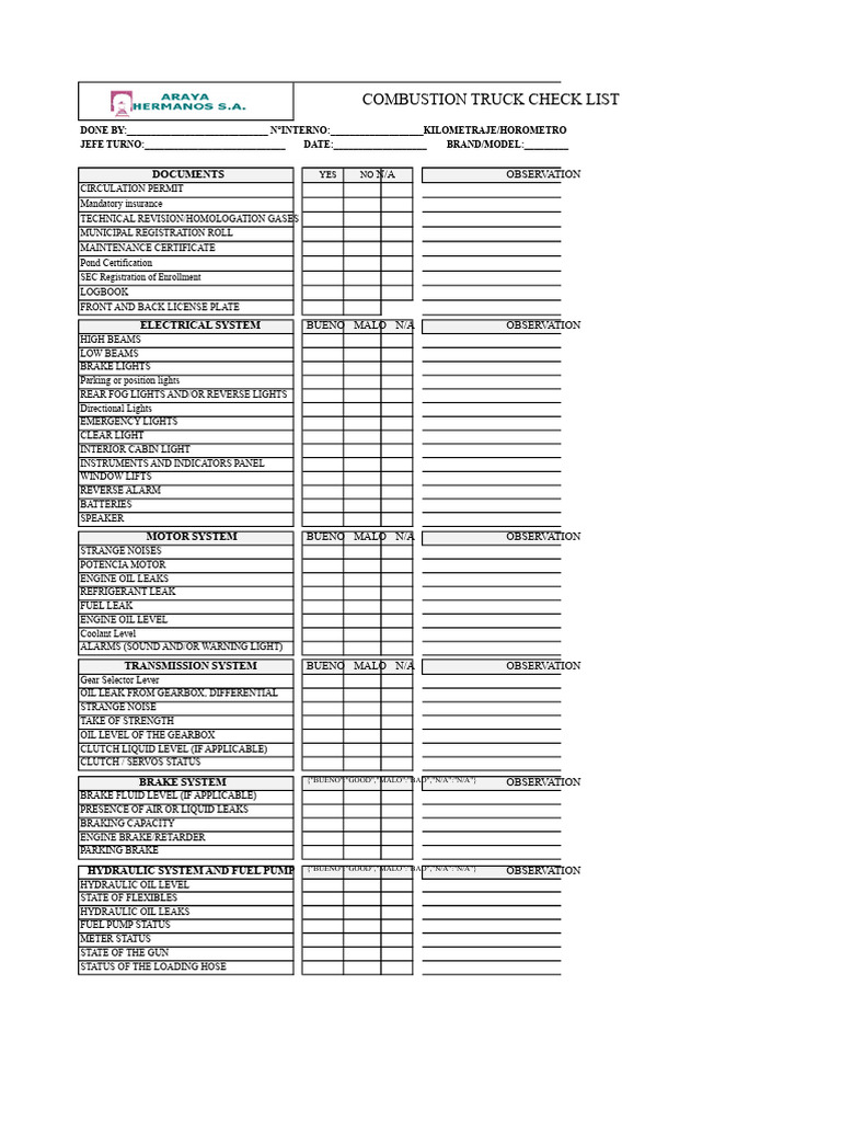 Combustion Truck Inspection Checklist | PDF | Truck | Engines