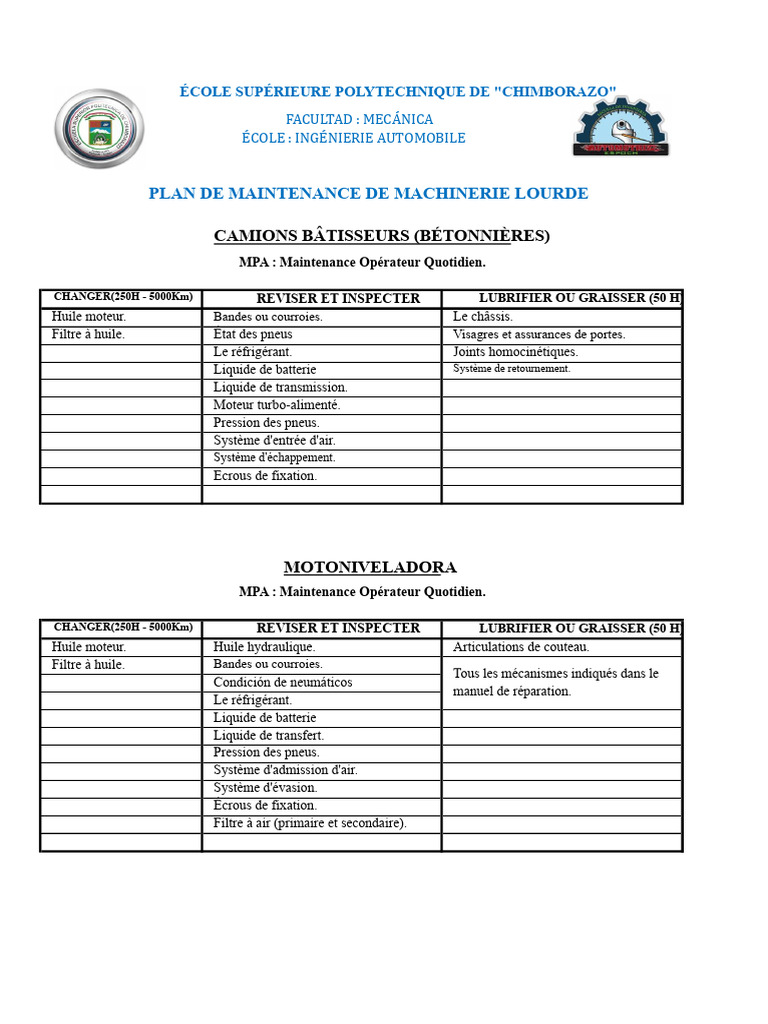 Plan de maintenance pour machines lourdes | PDF | Hydraulique | Moteurs