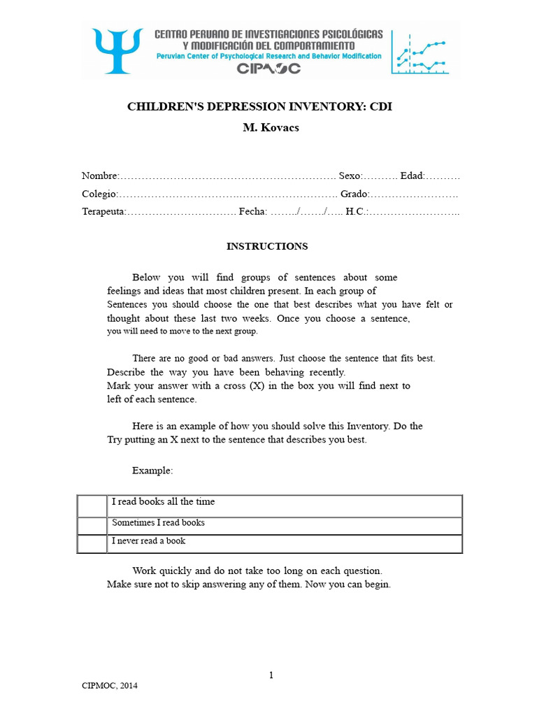 3.2. Children's Depression Inventory (CDI) | PDF | Behavioural Sciences ...