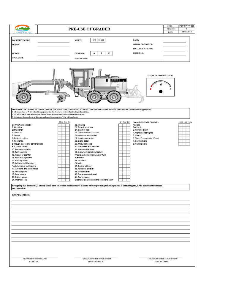 Grader Pre-Use Inspection Checklist | PDF | Wheeled Vehicles | Car Body ...
