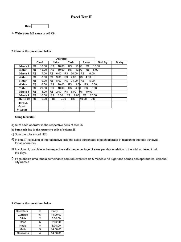 Excel Test II: Data Analysis Tasks | PDF | Microsoft Excel | Spreadsheet