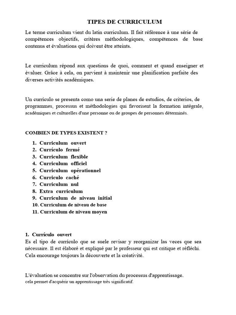 Types de curriculum éducatif expliqués | PDF | Enseignement | Apprentissage