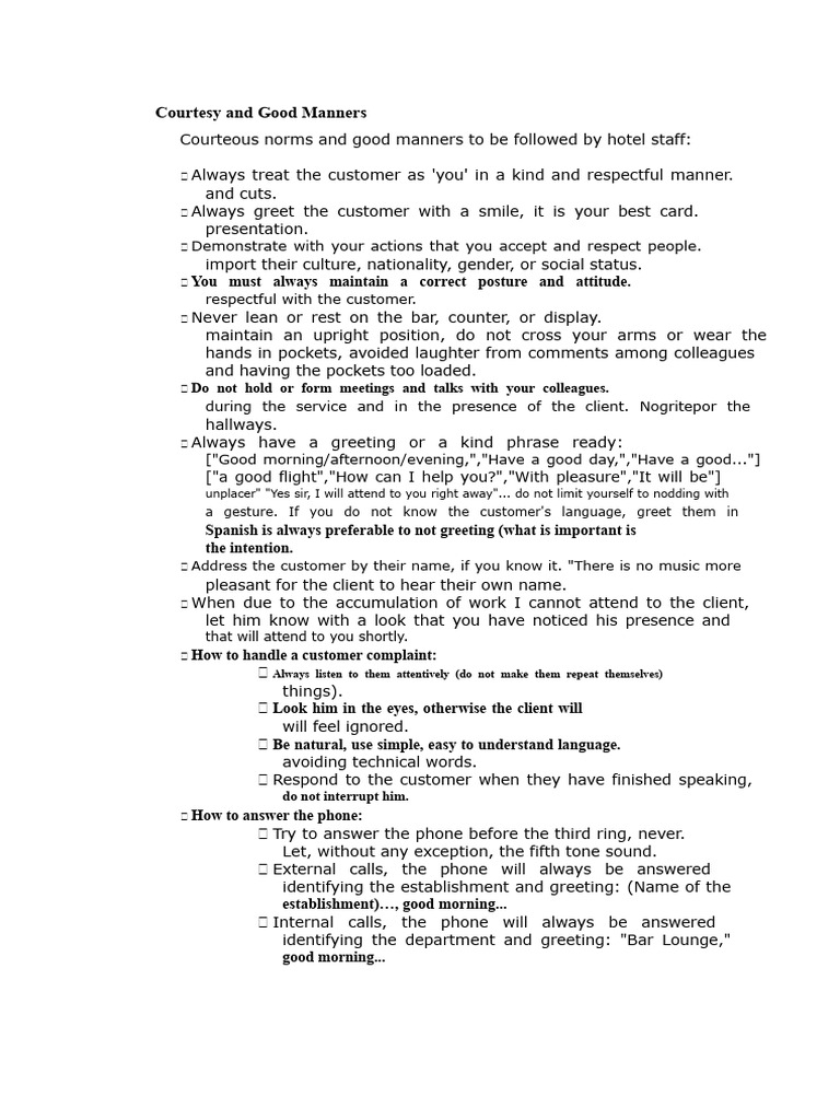 Hotel Staff Courtesy and Conduct Guide | PDF | Etiquette | Social ...
