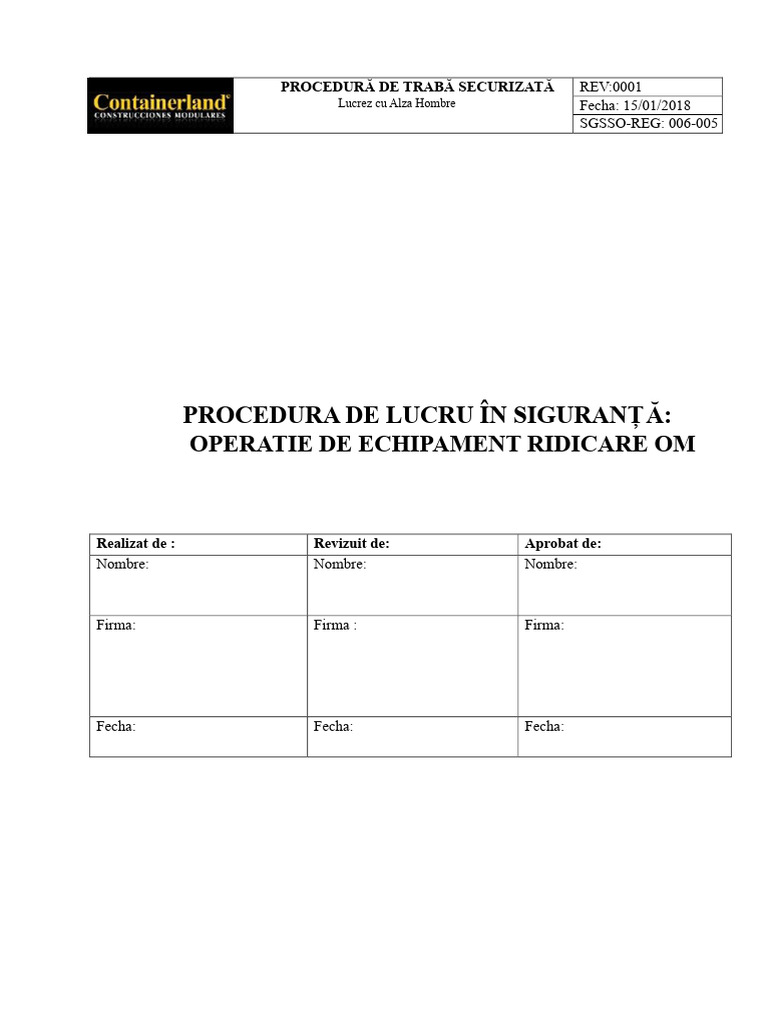 5-Procedura de Lucru Sigur Pentru Operarea Platformei de Ridicare A ...