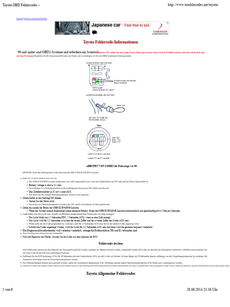 Toyota OBD-Fehlercodes | PDF