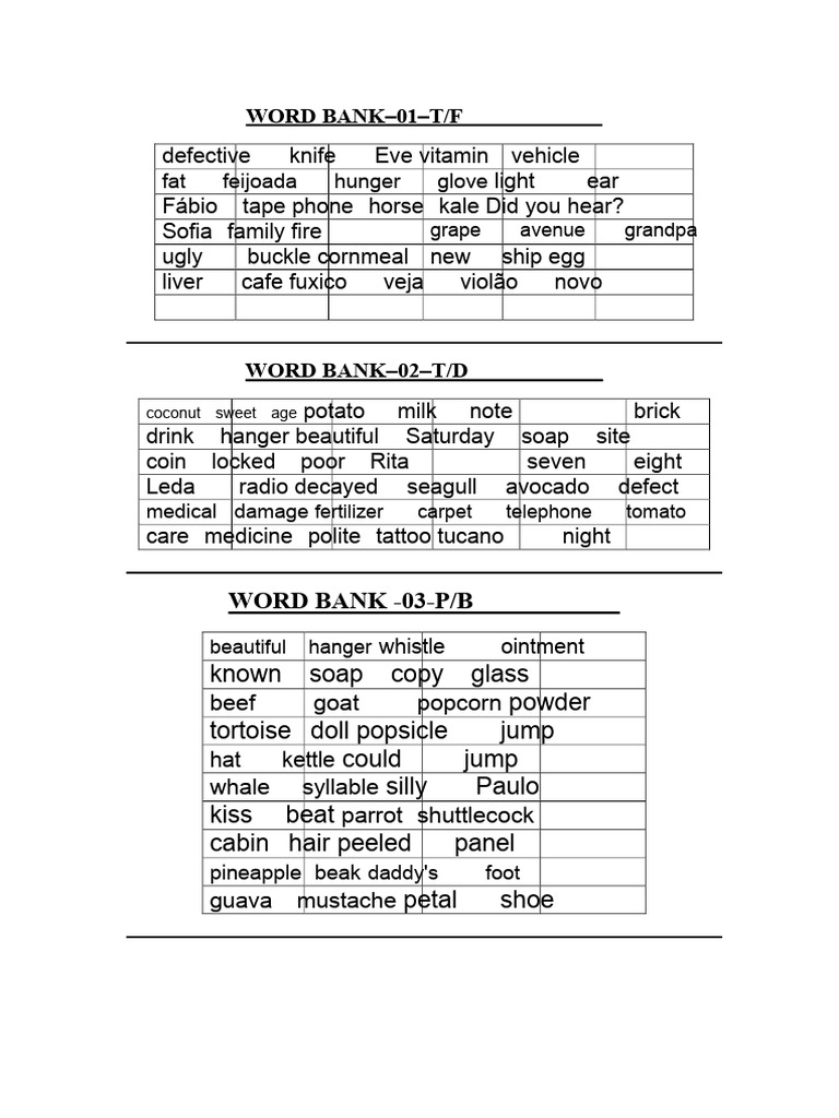 Comprehensive Word Bank Lists | PDF