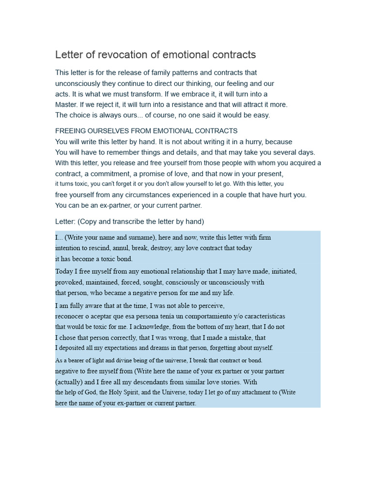 Letter of Revocation of Emotional Contracts | PDF | Love | Psychology