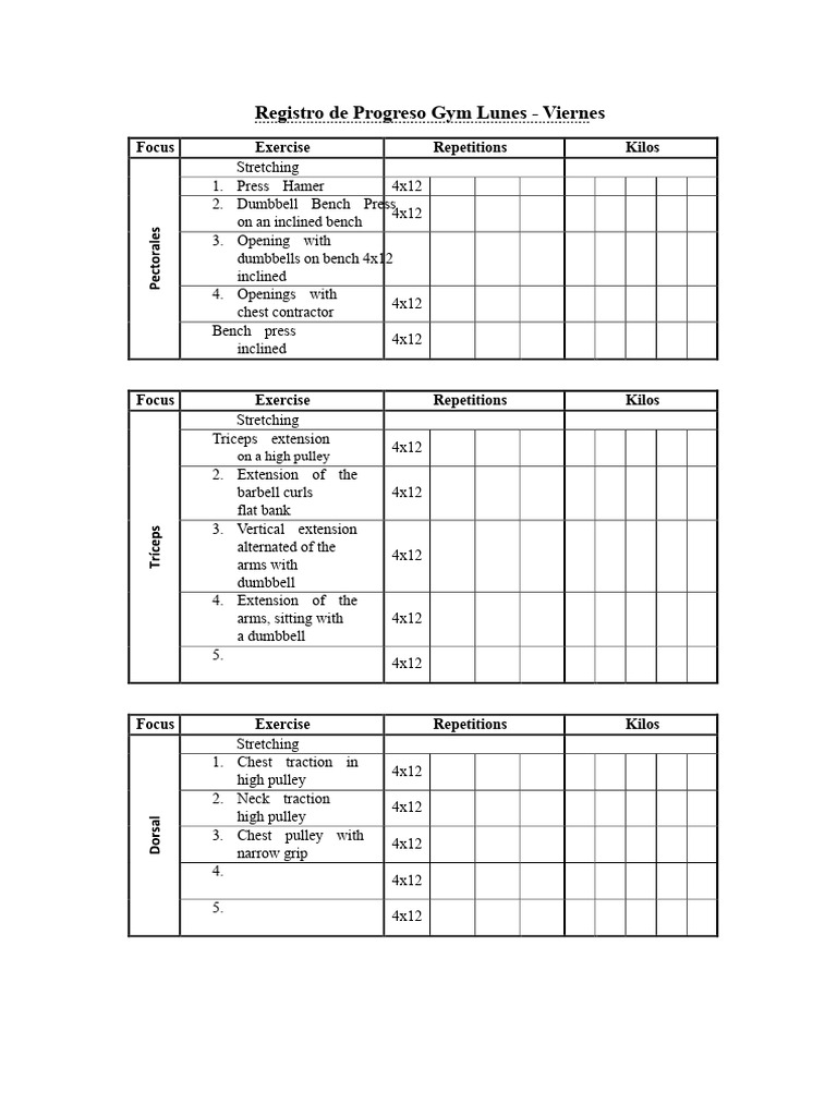 Weekly Gym Progress Log: Exercises & Reps | PDF | Anatomical Terms Of ...