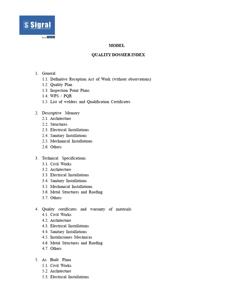 MODEL - Quality Dossier Index | PDF | Concrete | Building Engineering