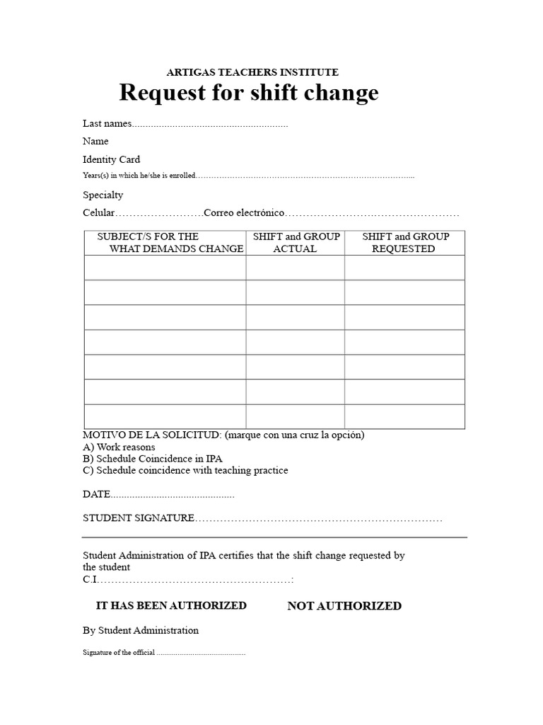 Shift Change Form 2018 | PDF