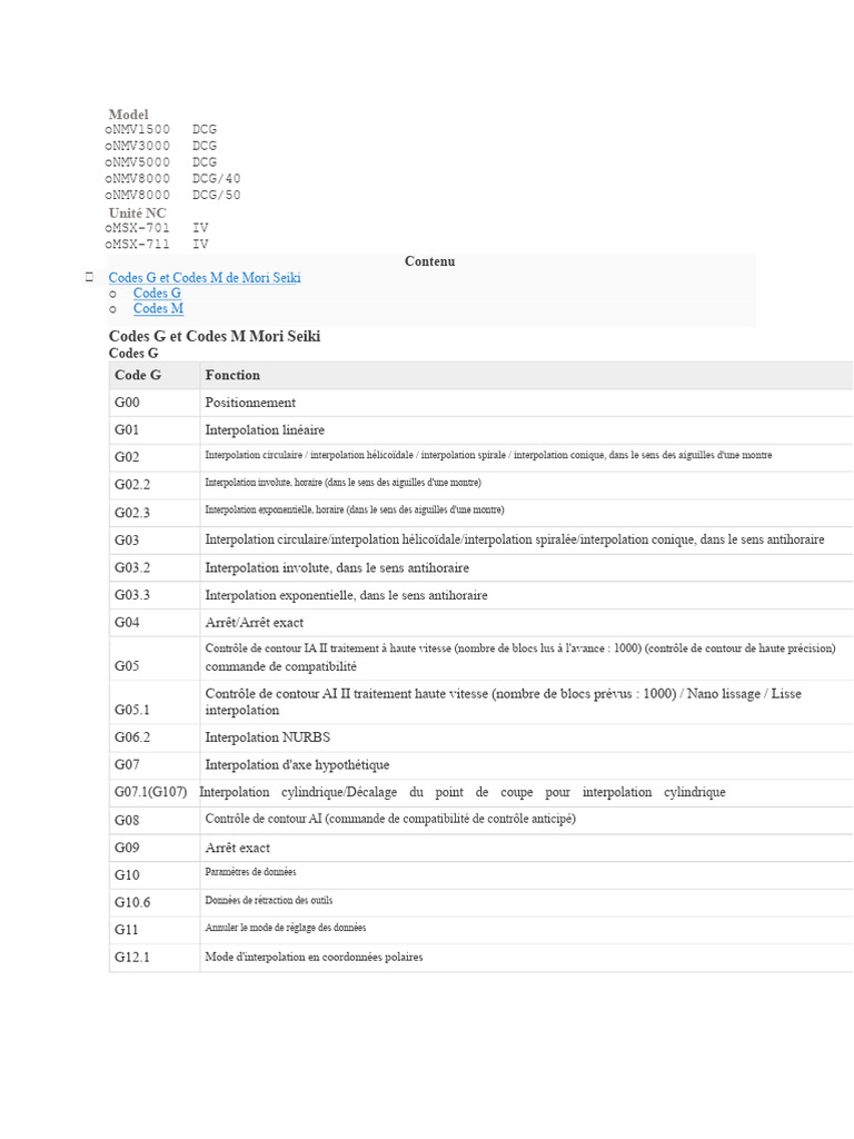 Codes G et M de Mori Seiki détaillés | PDF | Rotation