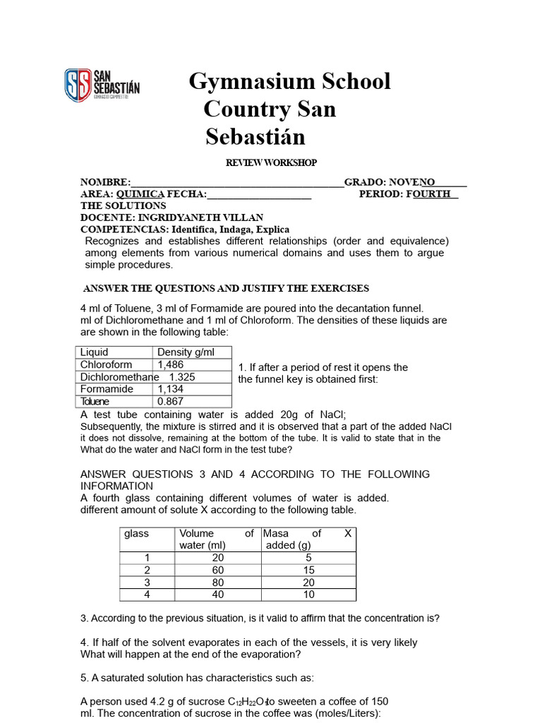 WORKSHOP CHEMISTRY OF IV PERIOD 9th | PDF | Solubility | Concentration