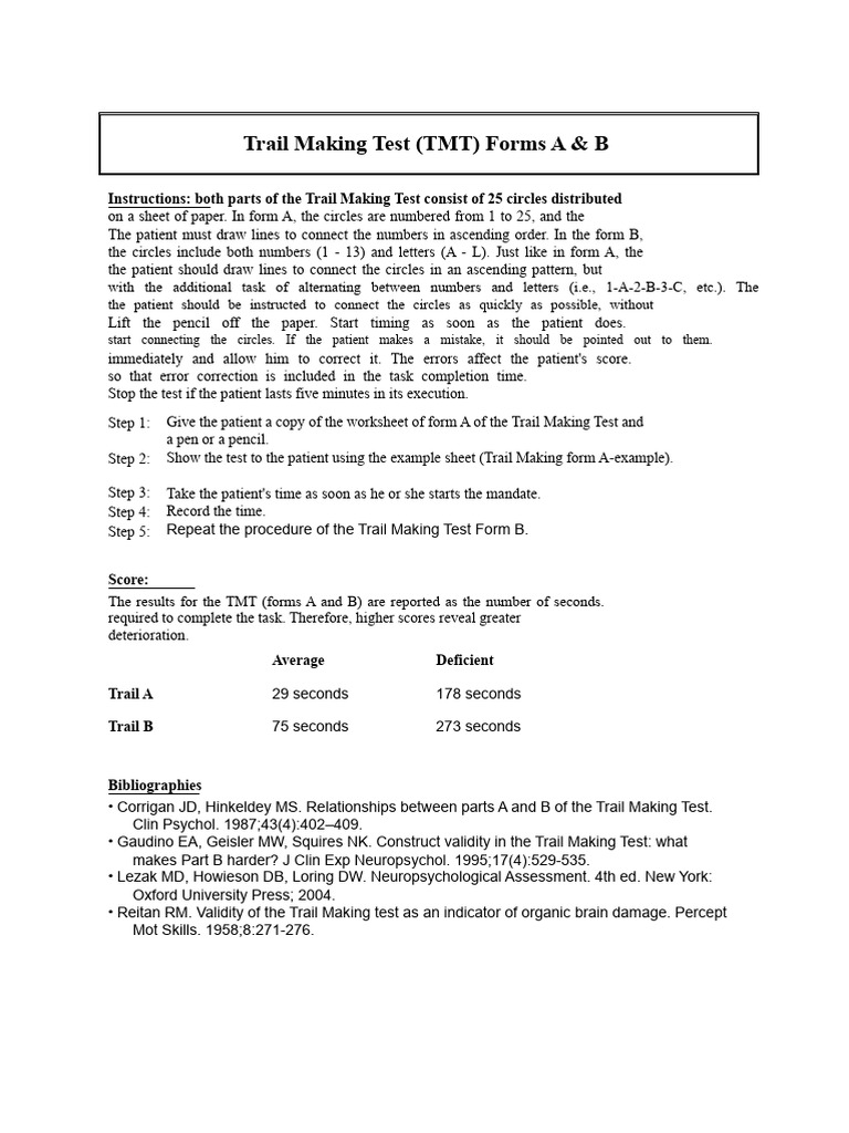 Trail Making Test A & B Instructions | PDF | Cognitive Science ...